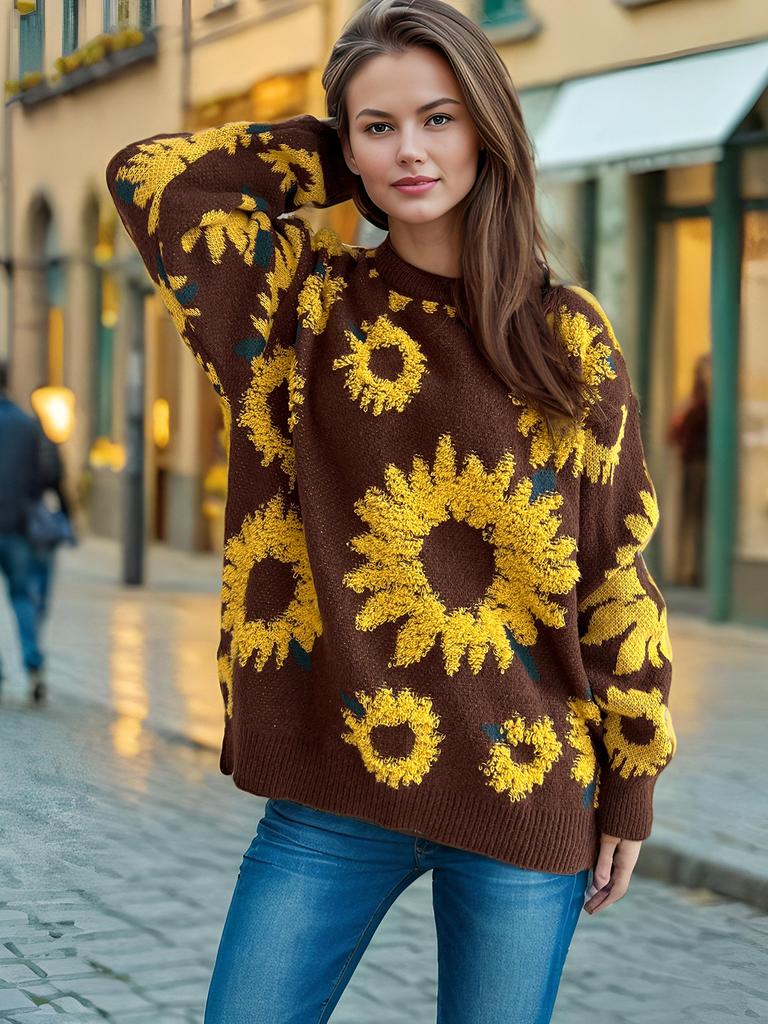 Autumn and winter new top sunflower jacquard round neck long sleeved knitted pullover sweater for women 3589