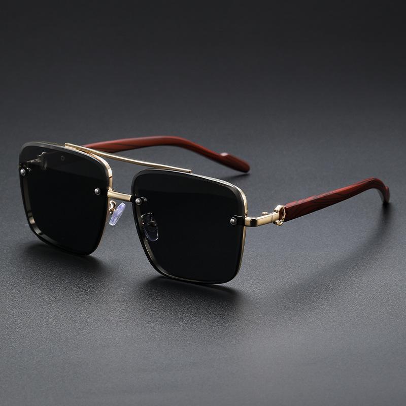 Mens Double Beam Sunglasses Imitation Wood Grain Legs Trendy UV Protection Casual Fashionable Shades 9039