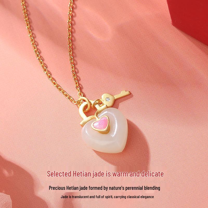 Romantic Heart Enamel Clavicle Necklace in Natural Hetian Jade & S925 Silver
