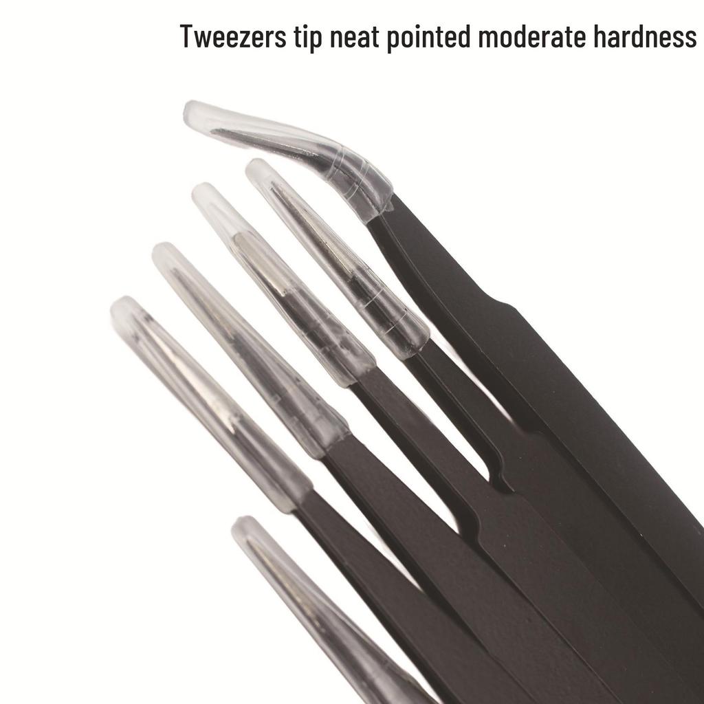 6-Piece Black Anti-Static Stainless Steel Bent Tip Tweezers Set, 1.0MM Thickness, for Nail Art and Industrial Use
