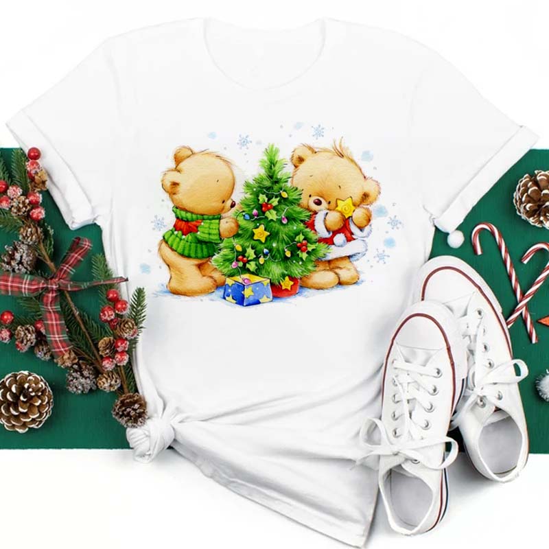 Funny Santa Claus with Christmas Elk Print Women T Shirt Casual Short Sleeve O-Neck Red Tshirt Ladies Y2k T-shirt Female