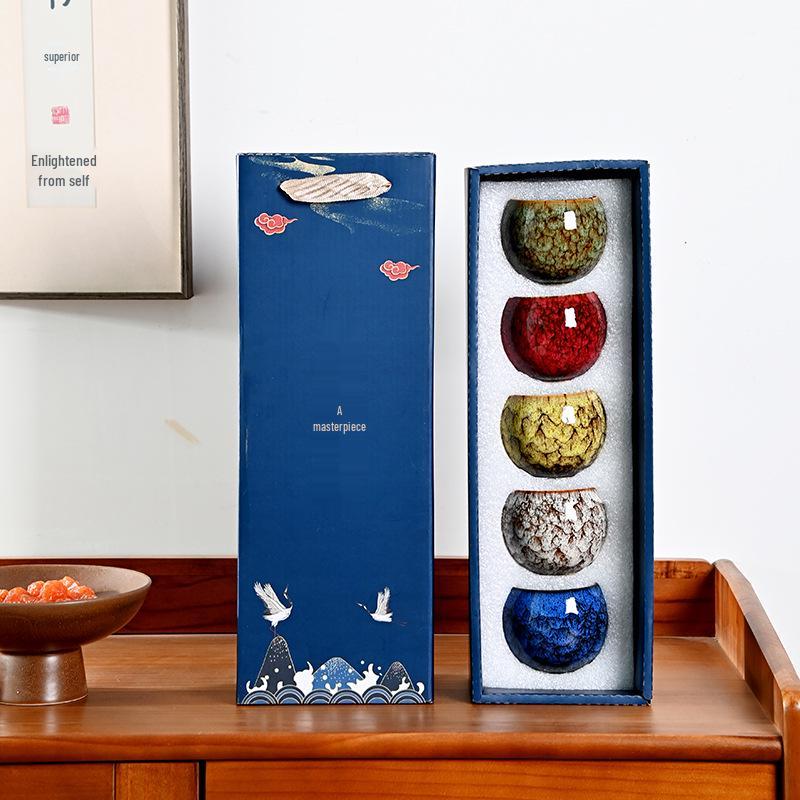 Kiln-fired Five Elements Teacup Gift Set - Chinese Trend Ceramic Tea Tasting Cups