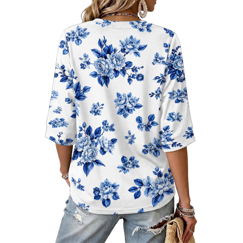 Women's V-Neck Retro Floral Print Lightweight Blouse for Spring and Summer