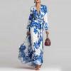 Spring 2026 European and American Style Elegant Printed Chiffon V-neck Tie-up Long Sleeve Dress