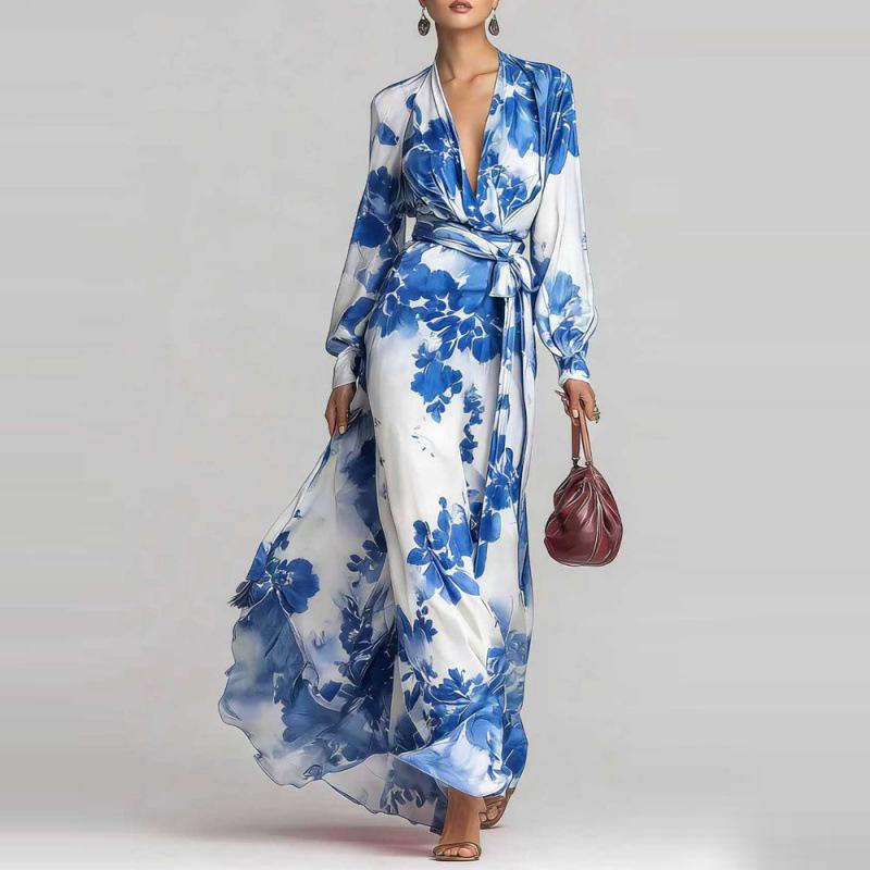 Spring 2026 European and American Style Elegant Printed Chiffon V-neck Tie-up Long Sleeve Dress