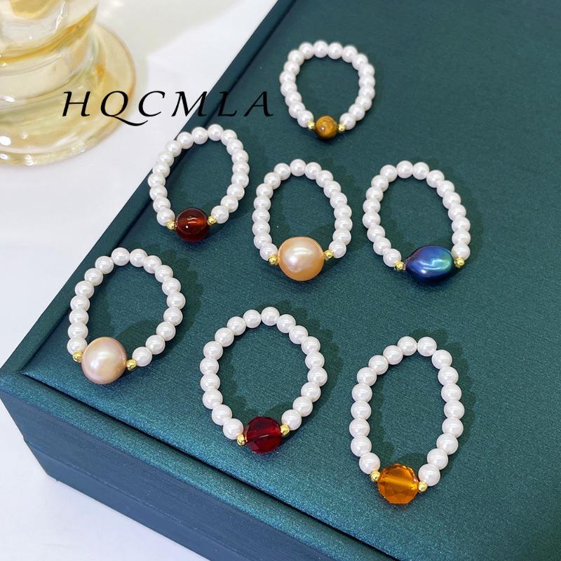 Meier French retro pearl beaded ring - stretchy knuckle ring - fashionable and exquisite glass jewelry