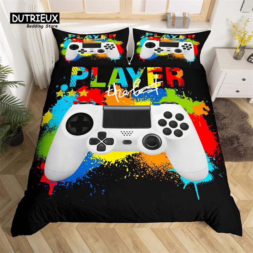 Video Game Controller King Size Comforter Cover Gamer Sleep Bedding Collection Twin Size Size For Boys Girls Teens Player Fine Microfiber Gaming