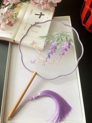 Chinese Traditional Art Embroidery Wooden Hand Fan, Classical, Ancient Dance Costume, Han Fu Cheongsam with Long Handle, Tasse