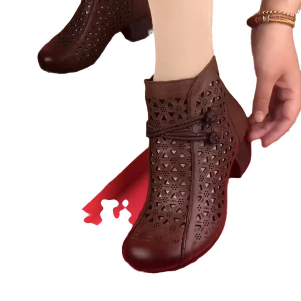 2025 Summer New Hollow Short Boots Thick Heel Cool Boots Soft Sole Retro Casual Middle-aged Dancing Lightweight Middle Heel Net Boots