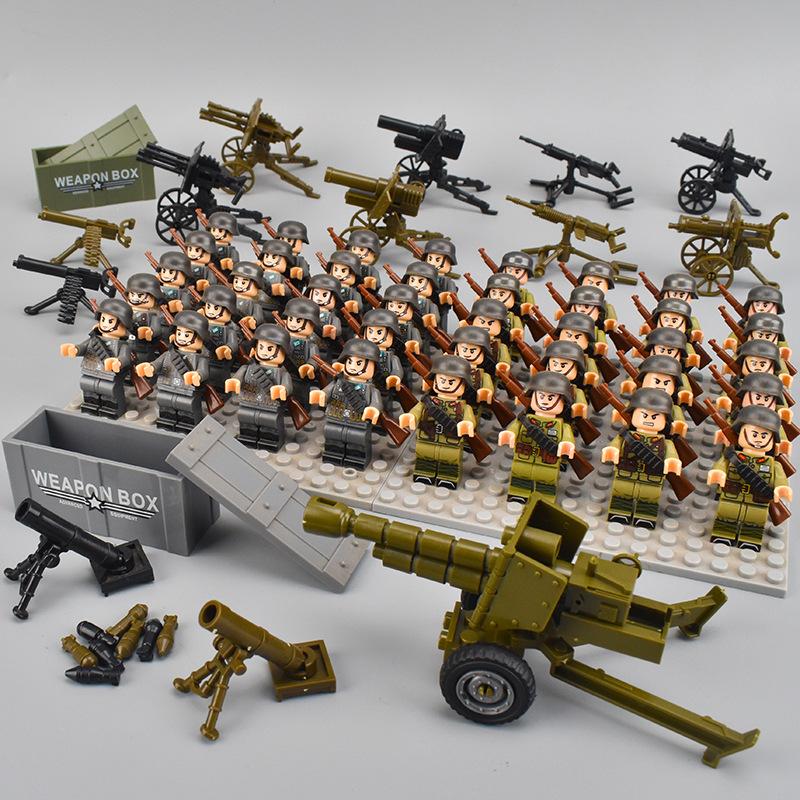 40pcs WW2 Military Figures Building Blocks Army Soldier Battlefield Machine Gun Weapons Bricks Kids Toy