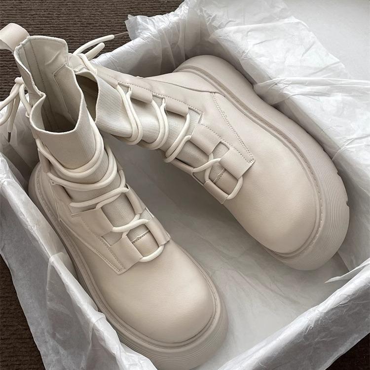 

Women s 2023 British-Style White Martin Boots: Slim, Thick-Soled, Height-Boosting, Versatile Lace-Up Short Boots 36