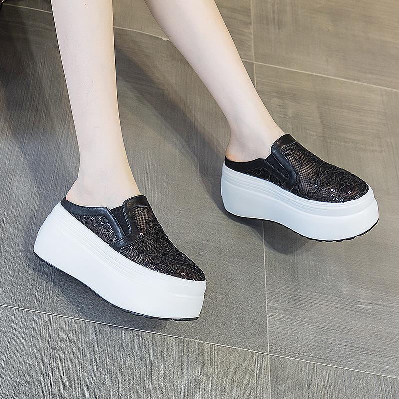 Fashion 8cm Heelless Half Slippers Female Baotou Summer New Lace Glitter Breathable Platform Casual Shoes Fashion Trend