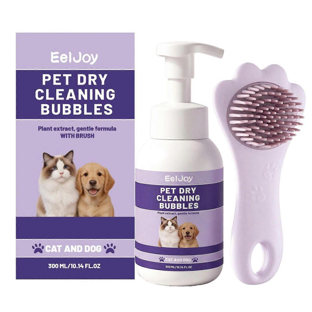 300ML Pet Dry Cleaning Bubbles with Brush, No-Rinse Waterless Shampoo for Cats & Dogs Less