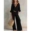 Women's Loose Casual Two-Piece Set Three Quarter Sleeve V Neck Blouse High Waist Wide Leg Pants Outfit