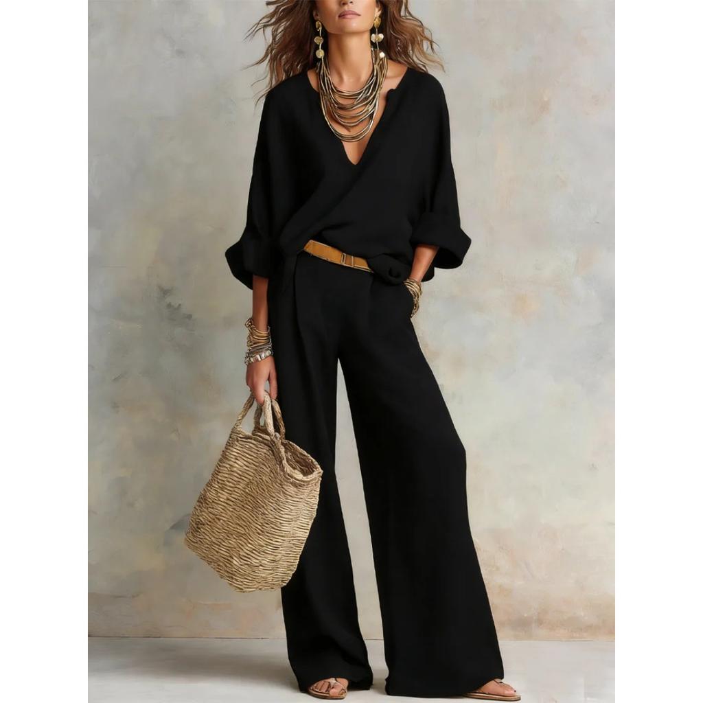 Women's Loose Casual Two-Piece Set Three Quarter Sleeve V Neck Blouse High Waist Wide Leg Pants Outfit