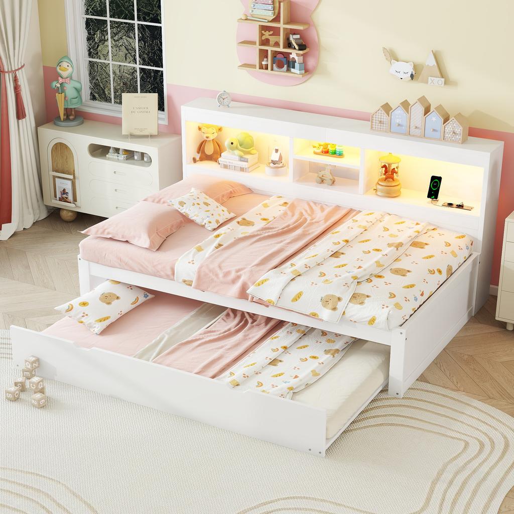 Sleeper Sofa, Daybed, Day Bed, 90*200cm, With LED Lights, Bedside Storage Compartment, Pull-Out Bed, Socket + USB, Without Mattress, White