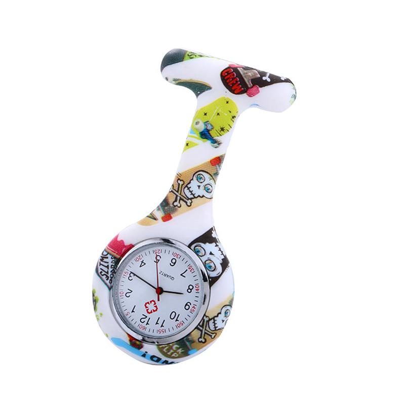 Unisex Silikon Runde Krankenschwesteruhr Clip-on Anhänger Brosche Reversuhr mit Blumenmuster Abdeckung