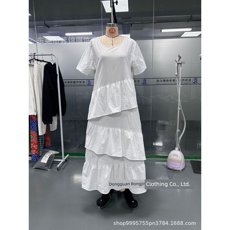 

2025 New Arrival Spring and Summer Women s Clothing Cotton and Linen Casual Solid Color round Neck Short Sleeves Long Dress Ruffles Dress Dress White 2XL