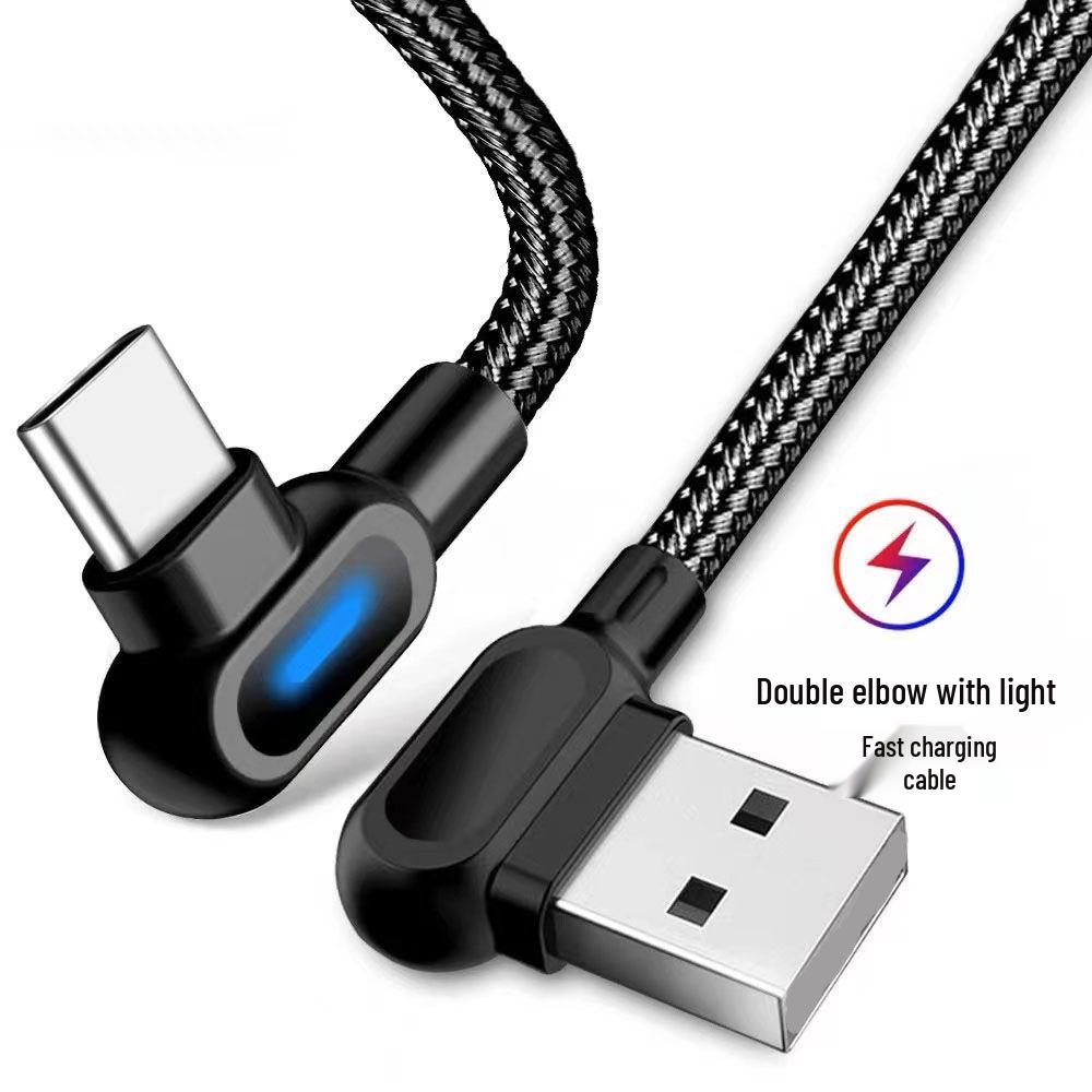 Dual Elbow Nylon Braided Fast Charging Cable for Apple, Android, Type-C with LED Light