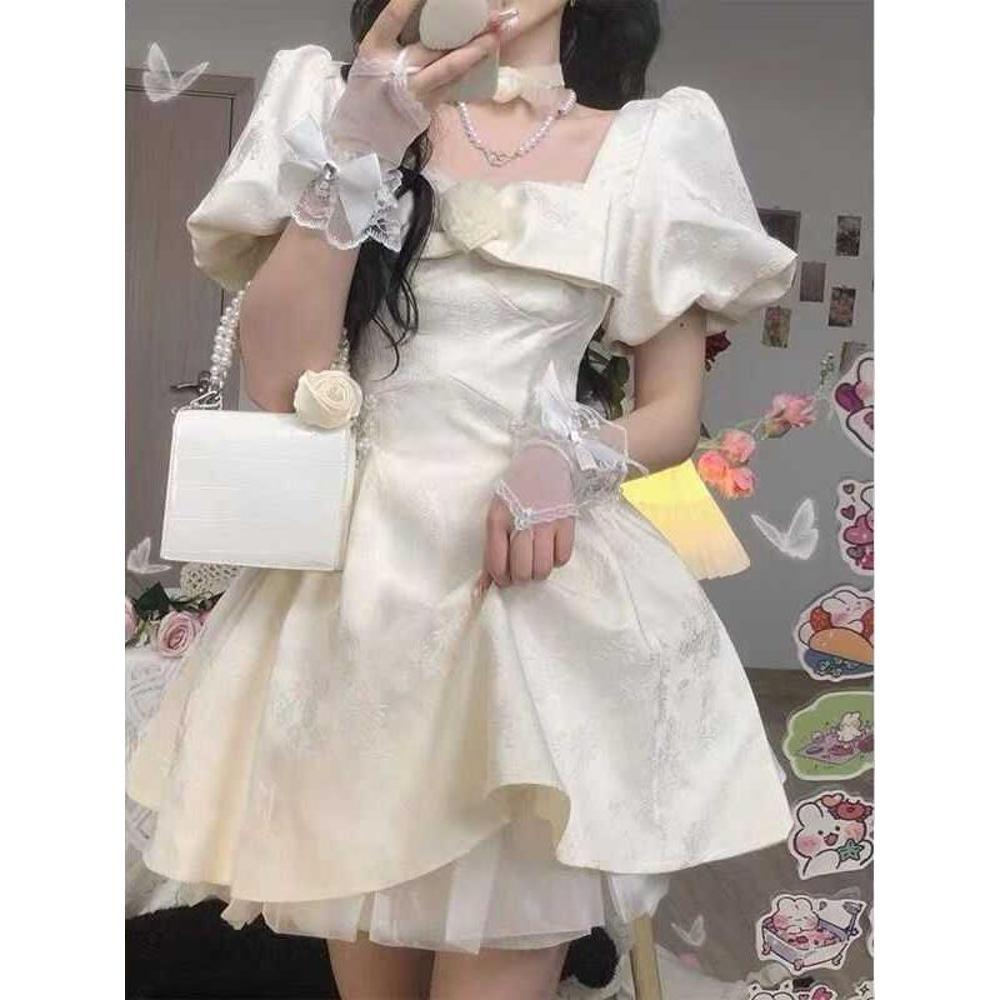 Coffee Break Dress French Sunset Park Lolita Bubble Sleeve Jacquard Square Neck Bow Dress Princess Short Dress