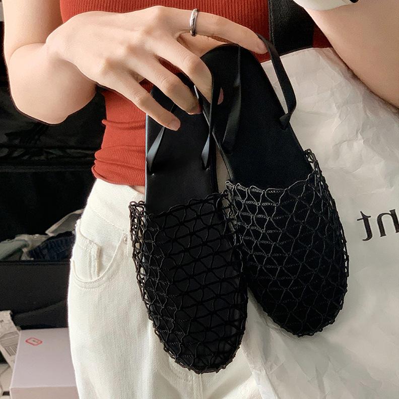 

Sheepskin version~ Baotou back strap fishing net flat sandals Roman shoes summer new hollow comfortable beach half slippers 40 чёрный