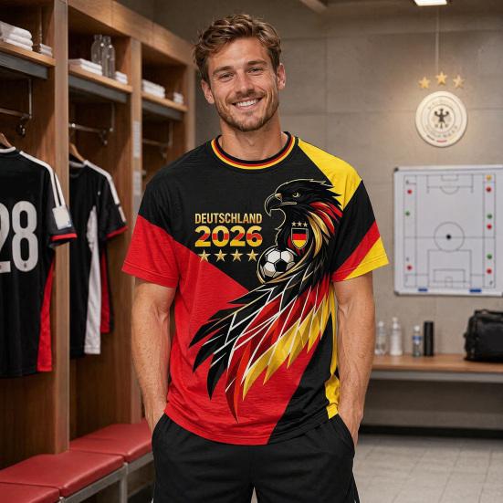 Herre fodboldfan T-shirt, Tysklands fodboldhold T-shirt, 2026 VM i fodbold Heppe T-shirt, Stilfuldt fan-beklædning til fodboldkampdag på stadion
