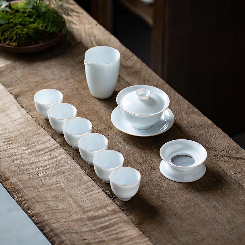 Minimalist White Jade Porcelain Kung Fu Tea Set: Handmade Teacups & Gaiwan Business Gift