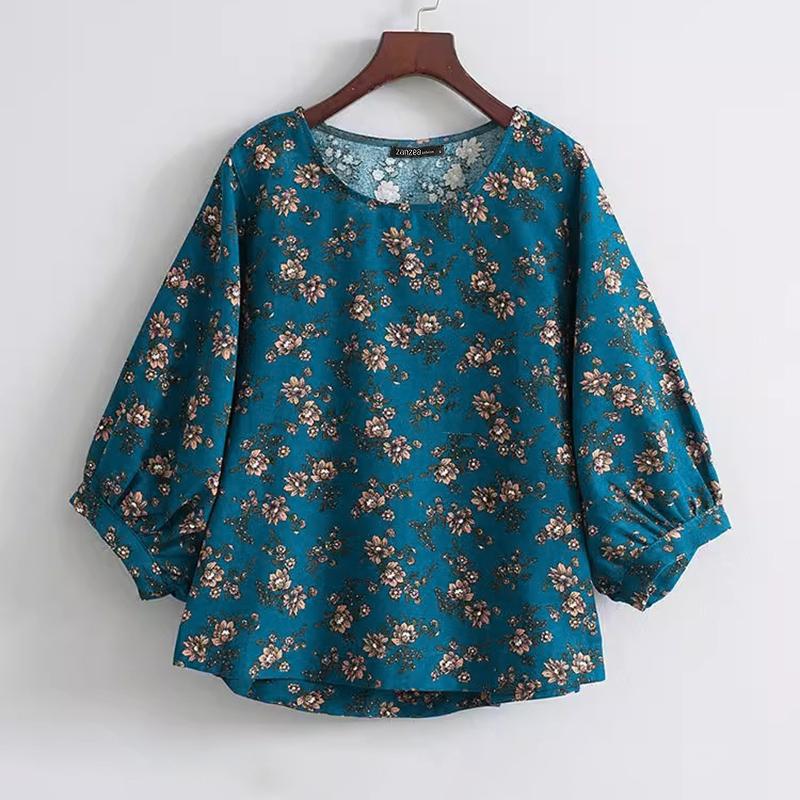 ZANZEA נשים קיץ עגול צווארון ארוך שרוולים הדפס פרחוני חולצות משוחררות