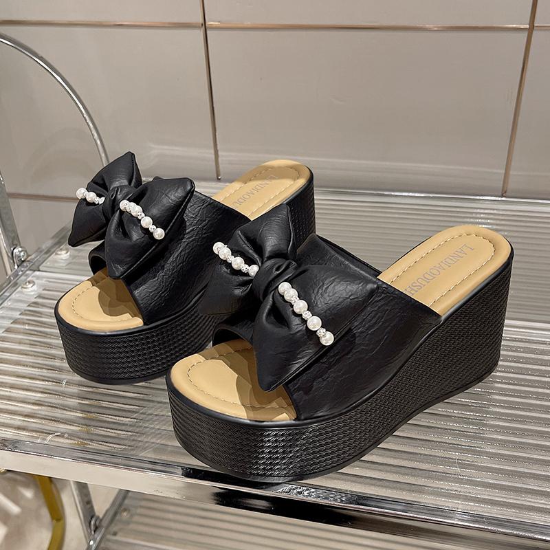 Fashion 9.5CM Flip Flops House Slippers Platform Shoes Woman 2025 Pull On Wedge Heeled Mules Low Hawaiian New High Slides Butterfly-knot