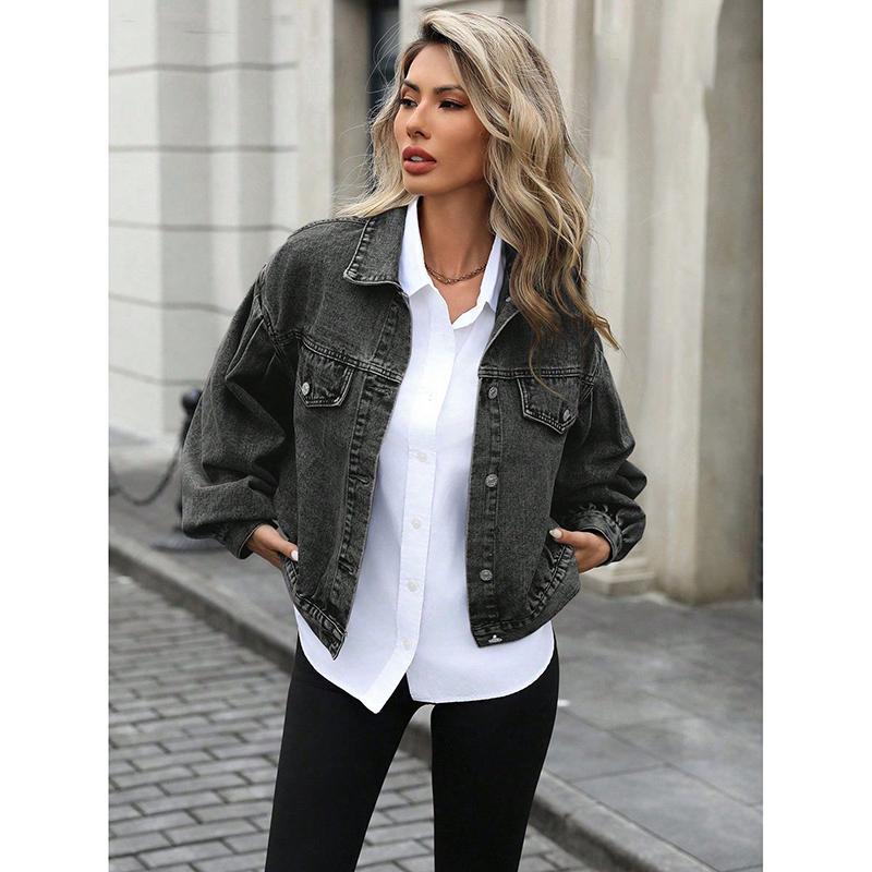 Autumn Vintage Lantern Sleeve Denim Jacket Women's Casual Streetwear Single Breasted Loose Short Jean Jackets