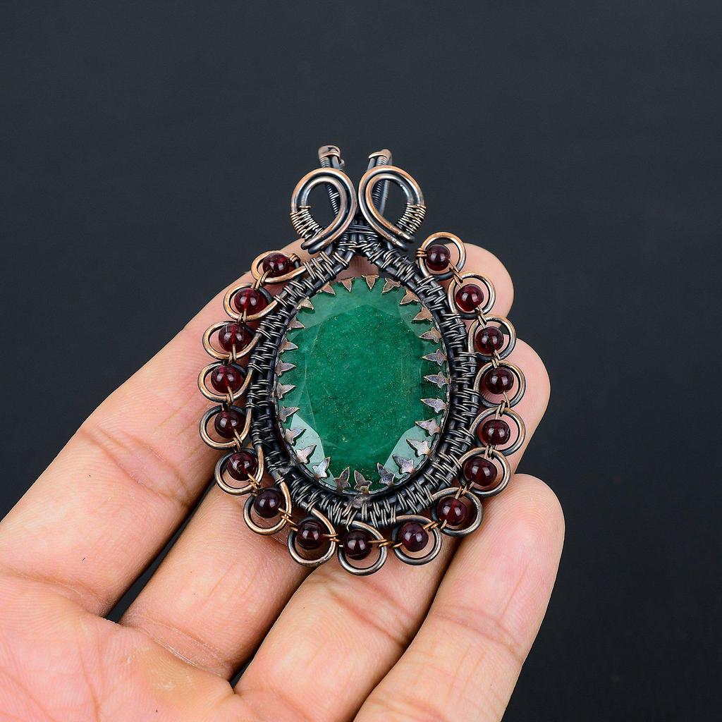 Lab-Created Emerald Gemstone Pure Copper Wire Wrapped Handmade Pendant Jewelry