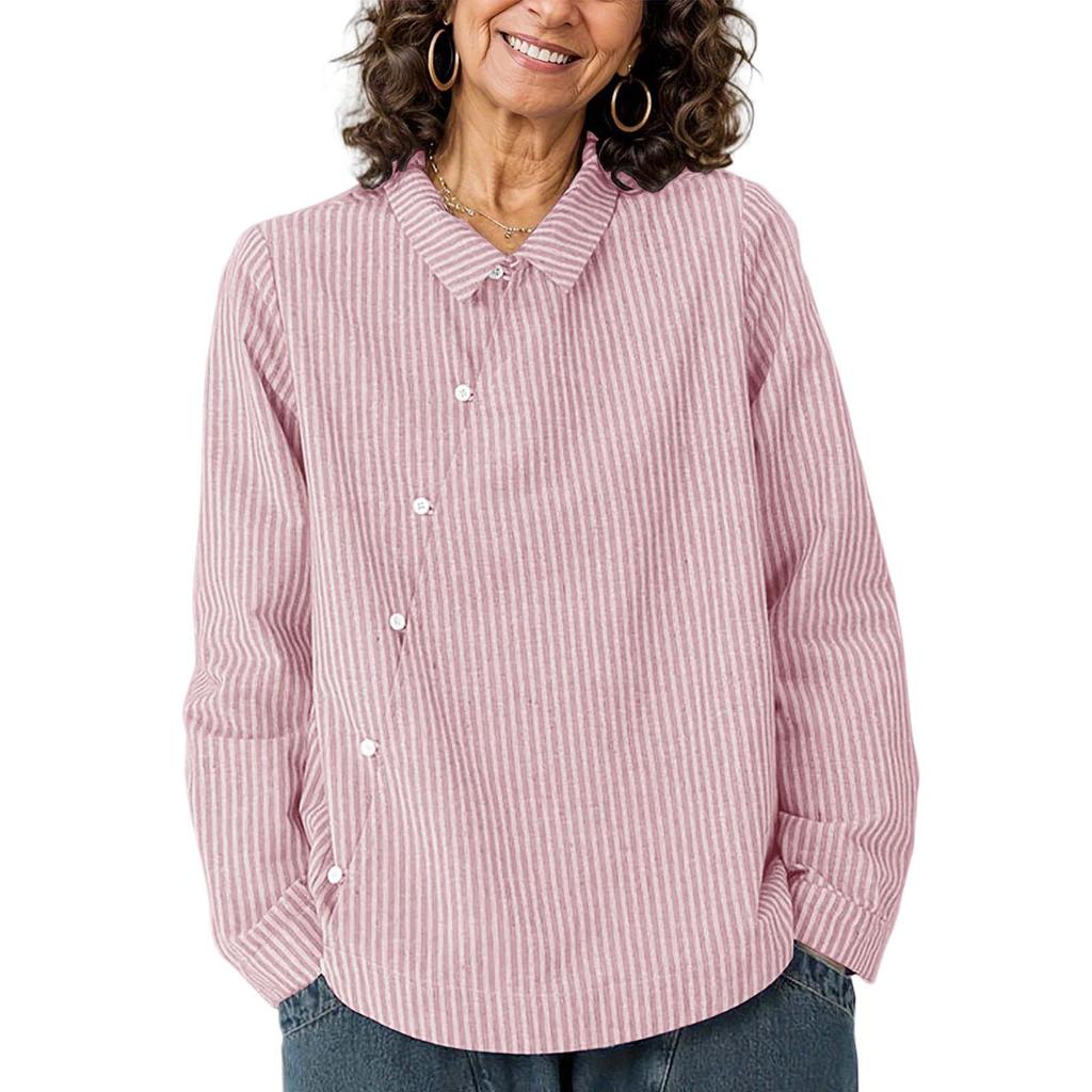 Women's Casual Striped Shirt Long Sleeve Button Front Blouse Collared Top for Everyday Wear and Office Use