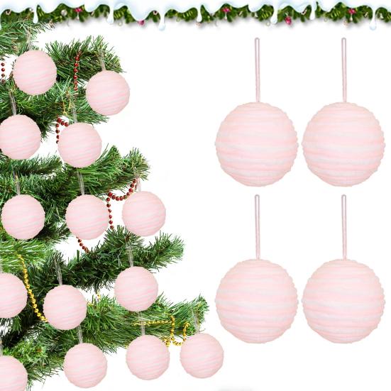 4Pcs Pink Christmas Balls Ornament Large Shatterproof Foam White Pink Stripe Hanging Ball Xmas Holiday Wedding Party Decoration