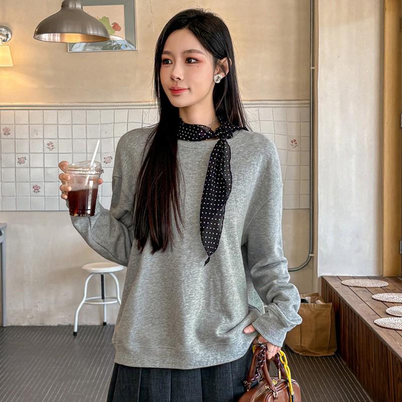 Damen Lockere Passform Rundhalsausschnitt Sweatshirt Langarm Einfarbig Lässiges Oberteil Herbst Winter