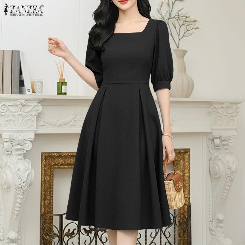 ZANZEA Women Casual Square Collar Summer Half Sleeve Dress