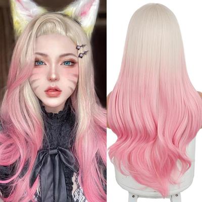 Lange gewellte Perücken, weiße bis rosa Ombre-Synthetik-Perücken für Frauen, natürliche mittlere Perücken, Alltags-/Cosplay-Perücken