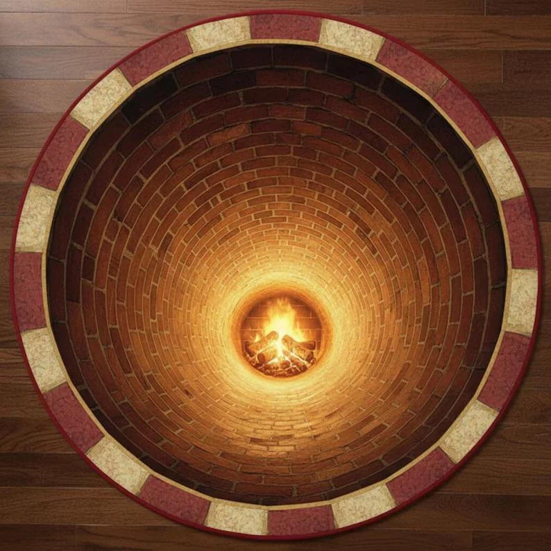 3D Vision Fire Pit Rug Anti-slip Living Room Decoration Round Carpet Waterproof Rugs for Bedroom Washable Bedside Creative Mat