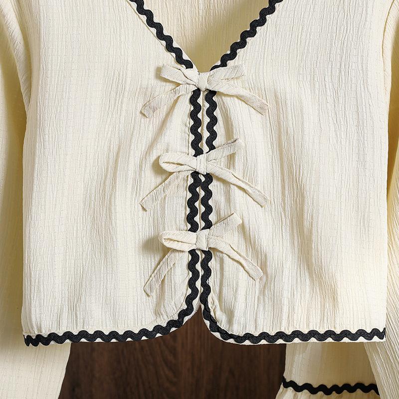 Girls' Clothing Autumn New Bow Long Sleeve Top Lace Trim Skirt