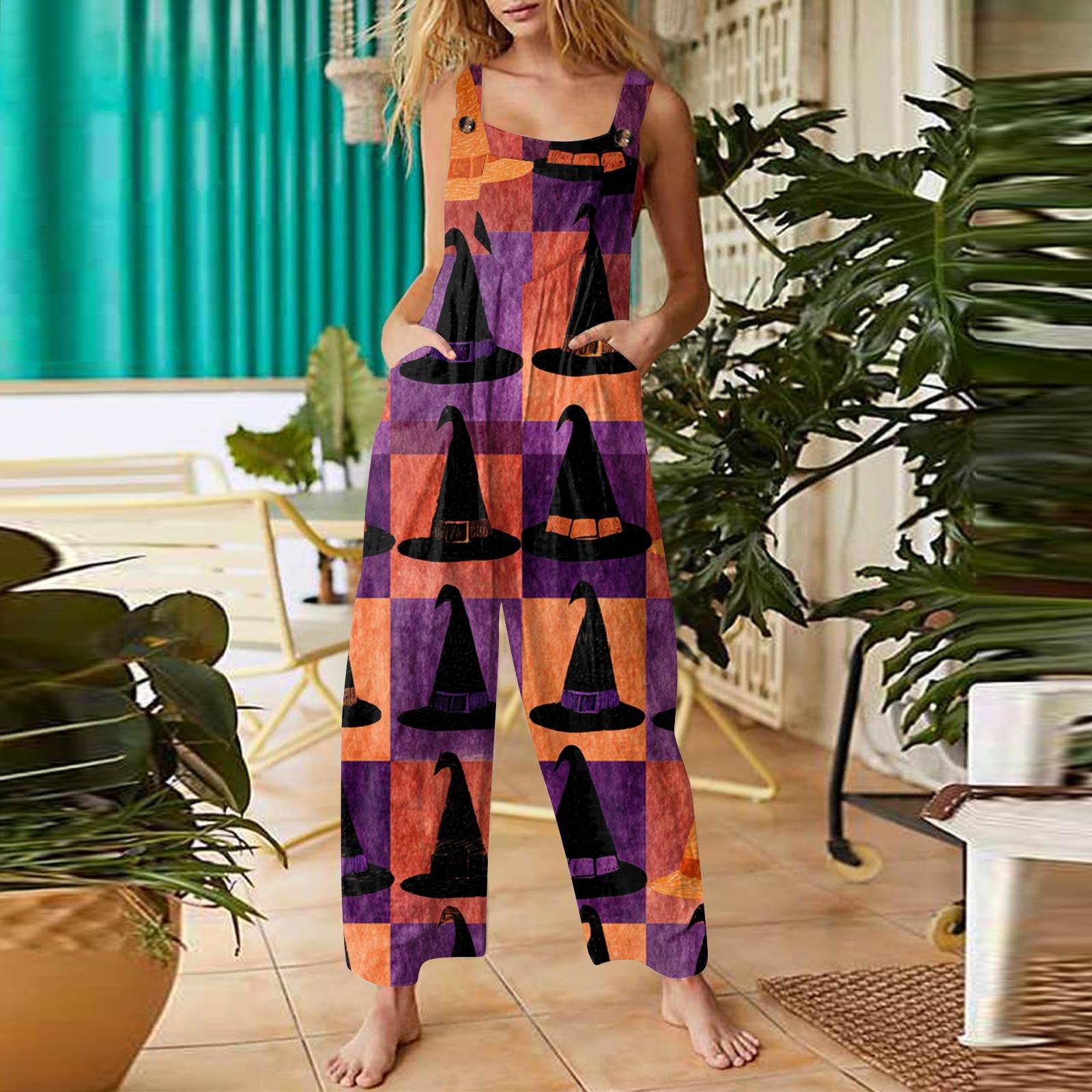 

Women s Fashion Halloween Print Casual Vintage Sleeveless Button Jumpsuit XXXL фиолетовый