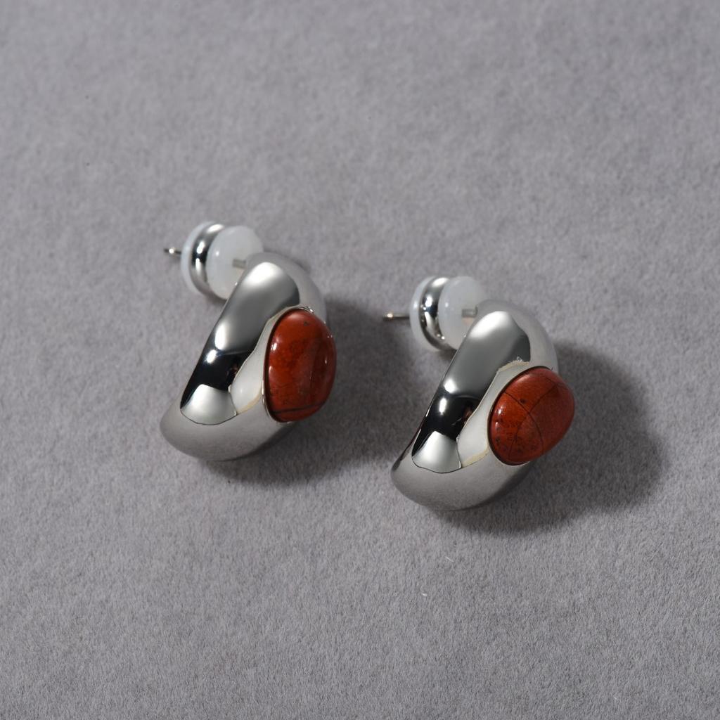 Premium Copper-Plated Platinum Inlaid With Natural Nanhongshi S925 Silver Needle Earrings Niche Fashion Simple Earrings