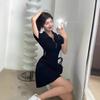 Casual age-reducing polo collar dress women's summer new drawstring hollow pleats waist thin short skirt