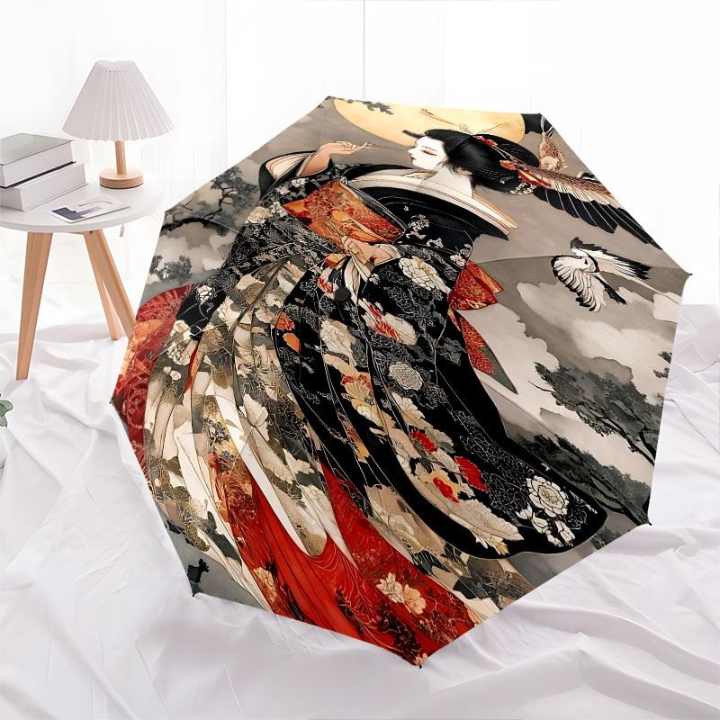 Geisha. Moonlit Themed Automatic Opening and Closing Umbrella, Brightly Colored 8 rib Portable Umbrella, Suitable for Men and Women, A Perfe
