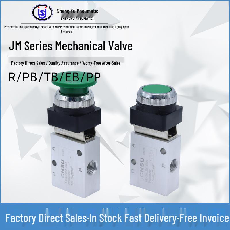 Sheng Yu JM-322PB Pneumatic Valve: 2-Position, 3-Way Button Type with JM Roller, Aluminum Alloy Construction.