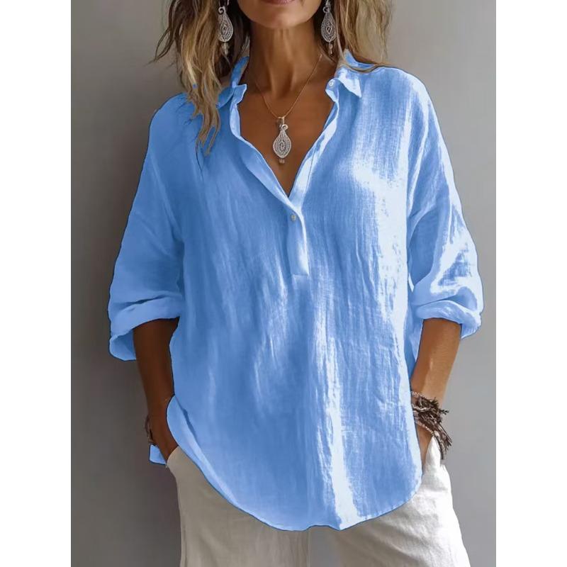 Women's Spring Summer Plus Size Blouse, Solid Color V-Neck Long Sleeve Loose Casual Shirt Top