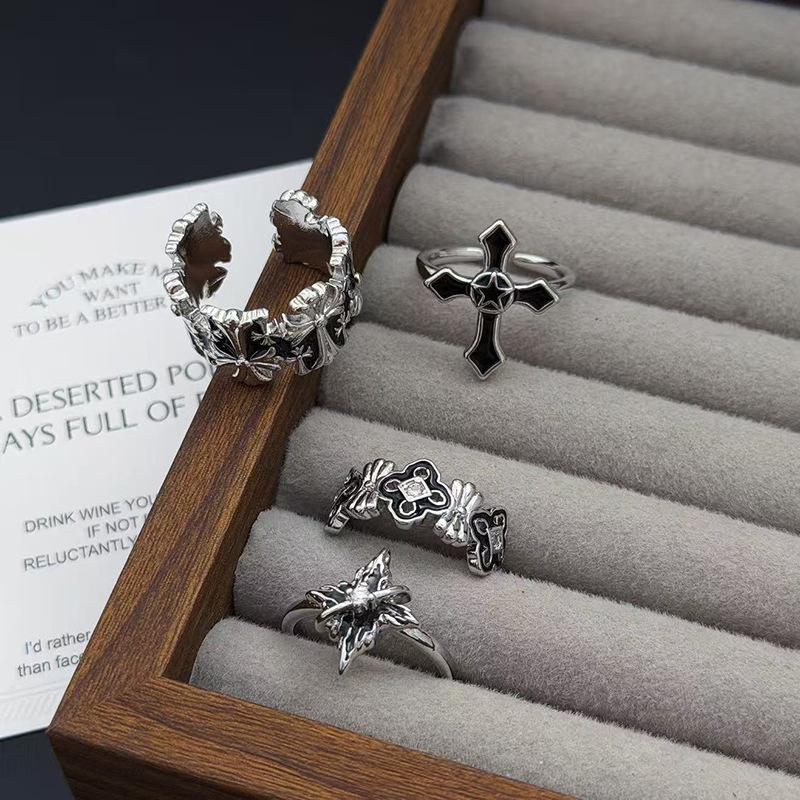 Diablo Clover Cross Personality Punk Style Open Ring Female Starlight Zircon Fashion Index Finger Ring