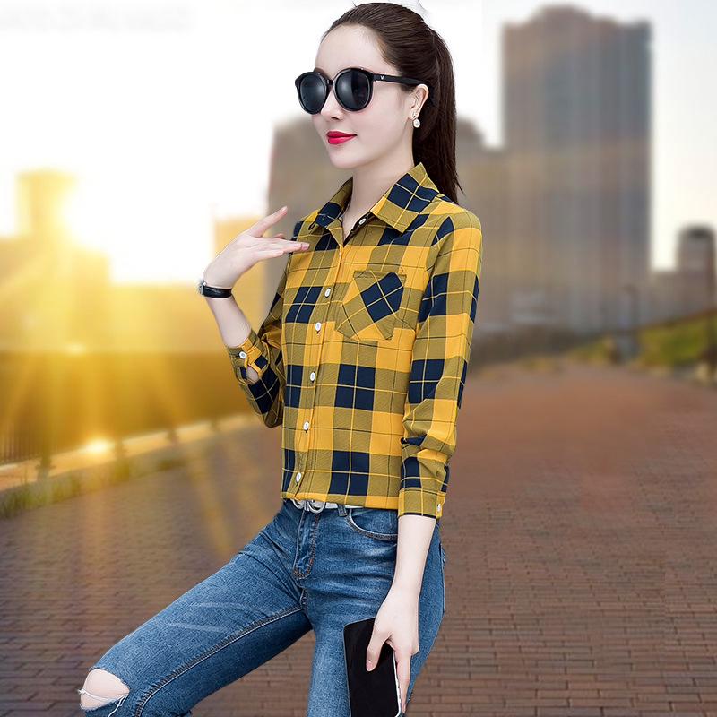 2025 Women's Korean Style Plaid Slimming Shirt - Casual Long Sleeve Print for Spring & Autumn Students