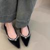 Temperament rhinestone pointed single shoes women's spring, summer and autumn 2025 French sweet velvet red light mouth soft sole evening shoes
