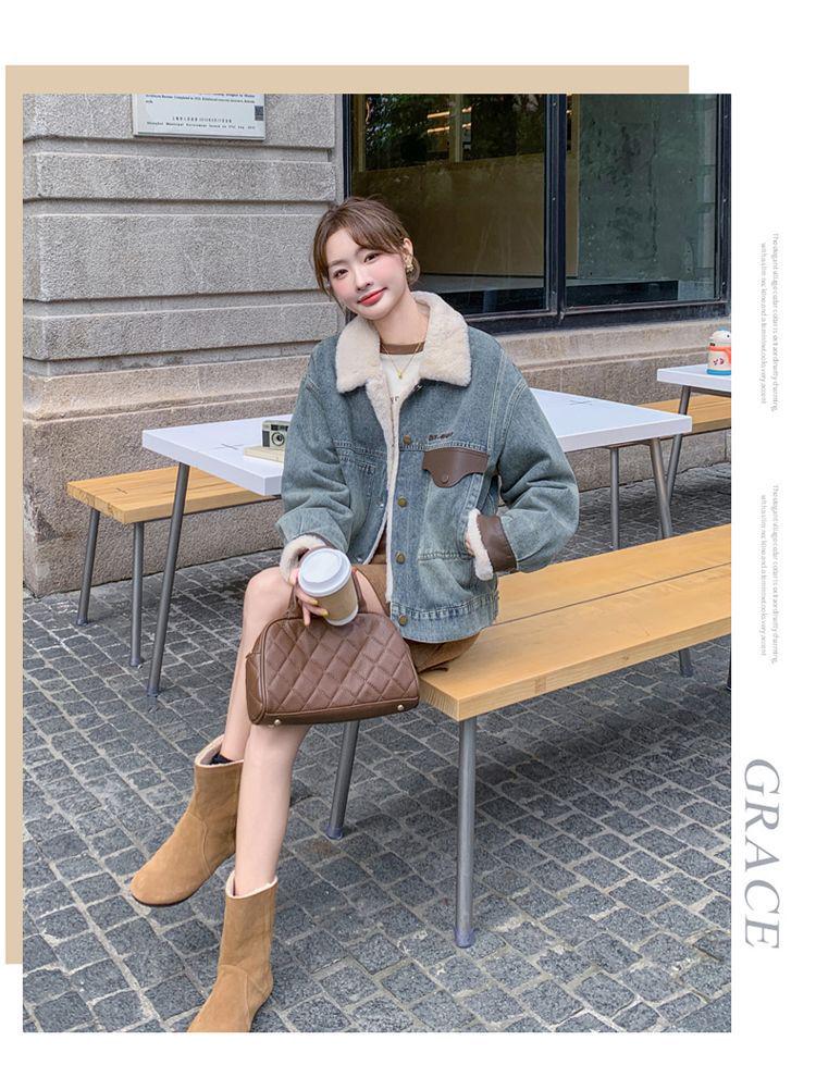 2025 Women's Winter Short Denim Jacket with Velvet and Lambswool
