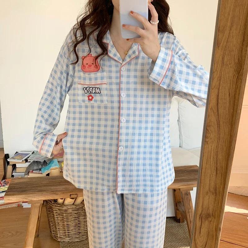 Autumn New Pure Cotton Cartoon Lapel Long-sleeved Two-piece Silk Pajamas Women's Home Wear Set Women's Pajamas