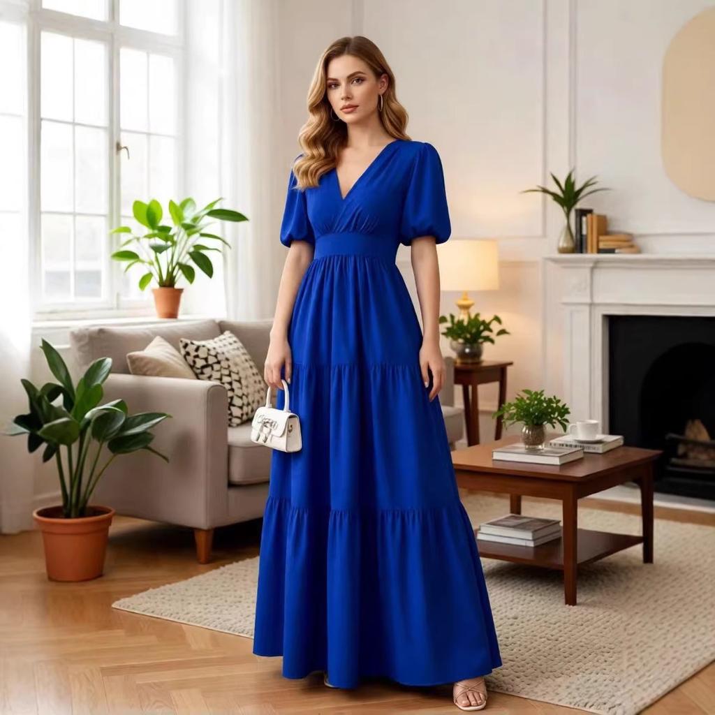 European and American Cross-border Foreign Trade New Women's Clothing Elegant Splicing Skirt Solid Color Short Sleeve High Waist Long Dress Dress 